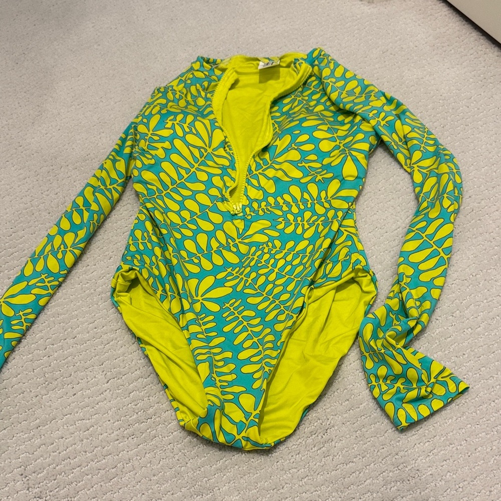 Trina Turk Yellow and Teal Long Sleeve One-Piece Swimsuit